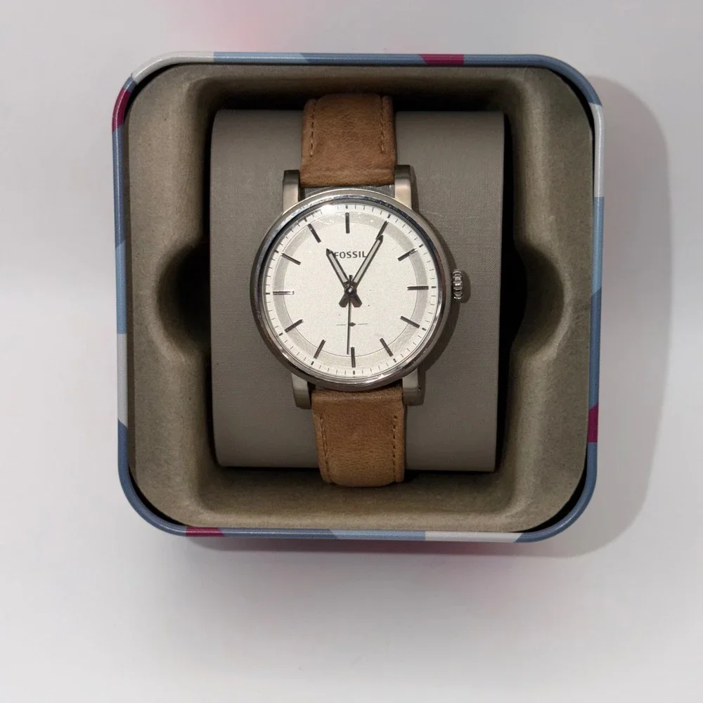 Fossil The Commuter Twist Watch Women Tan Leather Strap Minimalist Analog